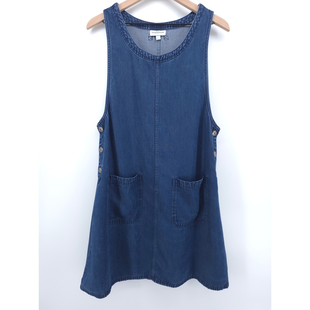 Nordstrom Women Dress Pinafore L Blue Denim Tencel Shift Pockets